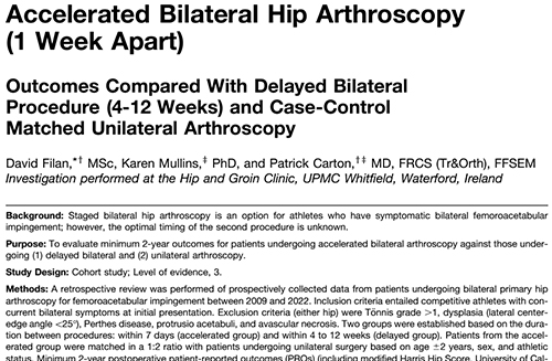 Accelerated Bilateral Hip Arthroscopy (1 Week Apart): Outcomes Compared With Delayed Bilateral Procedure (4-12 Weeks) and Case-Control Matched Unilateral Arthroscopy