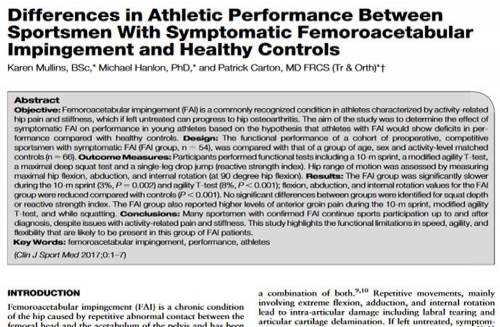 Differences in Athletic Performance Between Sportsmen With Symptomatic Femoroacetabular Impingement and Healthy Controls