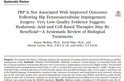 PRP Is Not Associated With Improved Outcomes Following Hip Femoroacetabular Impingement Surgery: Very Low-Quality Evidence Suggests Hyaluronic Acid and Cell-Based Therapies May Be Beneficial - A Systematic Review of Biological Treatments