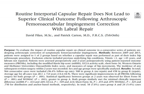 Routine Interportal Capsular Repair Does Not Lead to Superior Clinical Outcome Following Arthroscopic Femoroacetabular Impingement Correction