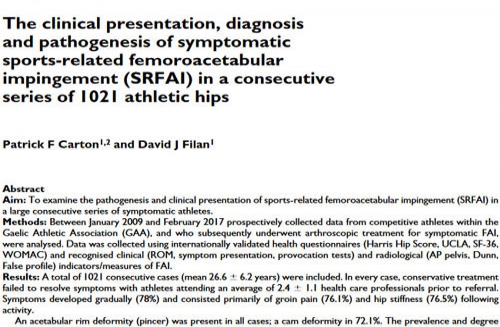 The clinical presentation, diagnosis and pathogenesis of symptomatic sports-related femoroacetabular impingement (SRFAI) in a consecutive series of 1021 athletic hips